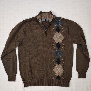 Oscar De La Renta Argyle Sweater Mens Sz Large 1/4 Zip Mock Neck Pullover Brown